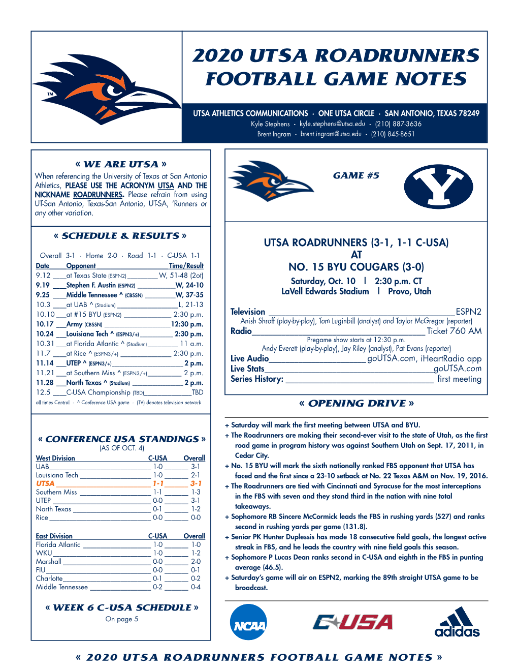 2020 Utsa Roadrunners Football Game Notes