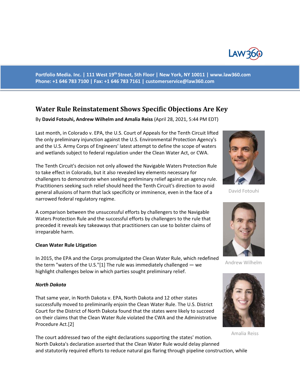 Water Rule Reinstatement Shows Specific Objections Are Key by David Fotouhi, Andrew Wilhelm and Amalia Reiss (April 28, 2021, 5:44 PM EDT)