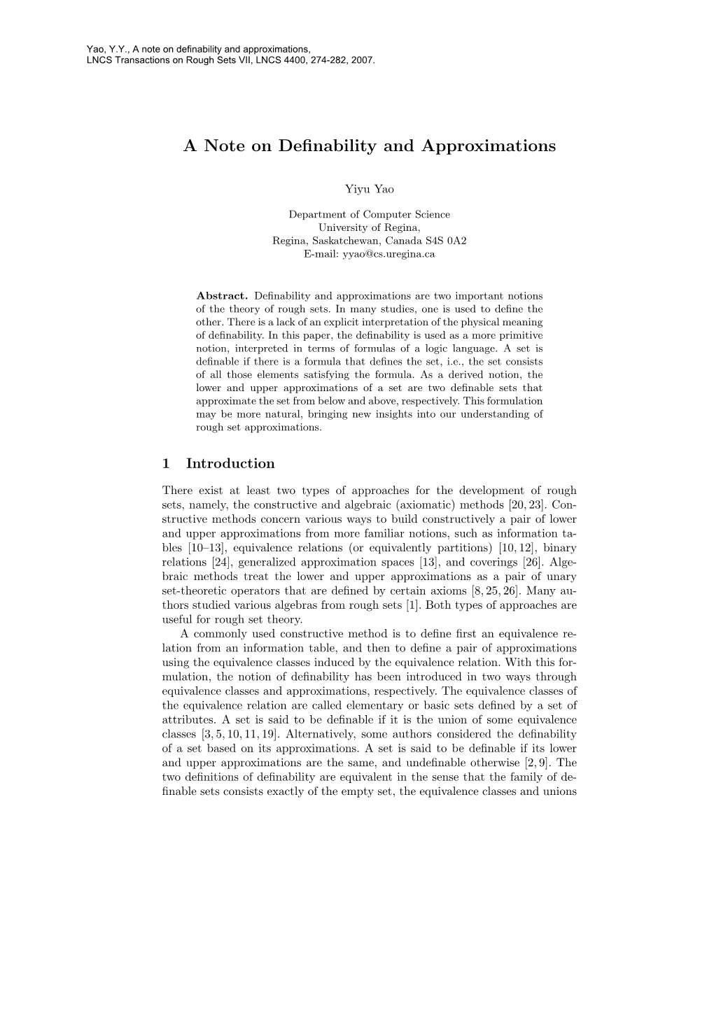 A Note on Definability and Approximations, LNCS Transactions on Rough Sets VII, LNCS 4400, 274-282, 2007