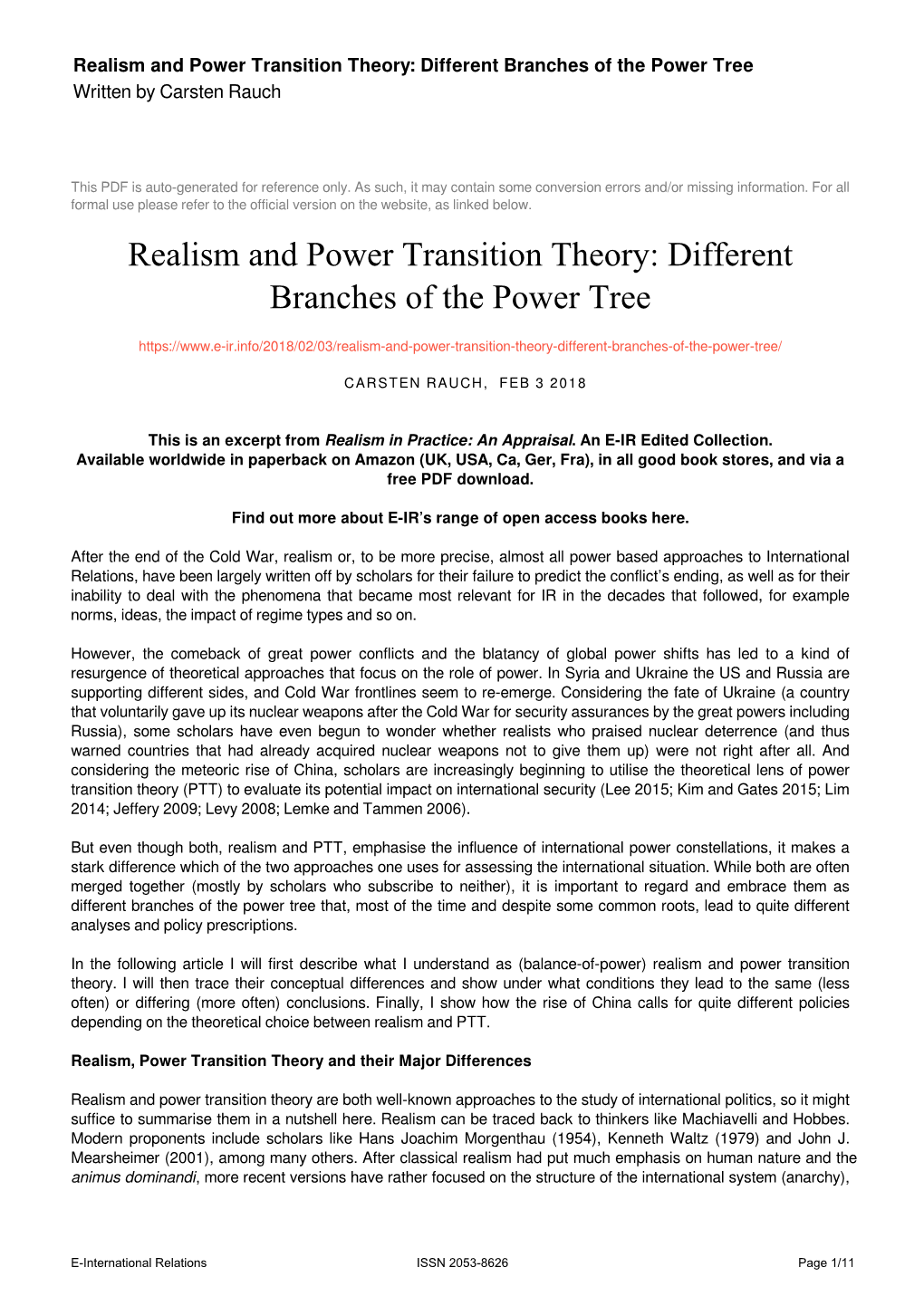 Realism and Power Transition Theory: Different Branches of the Power Tree Written by Carsten Rauch