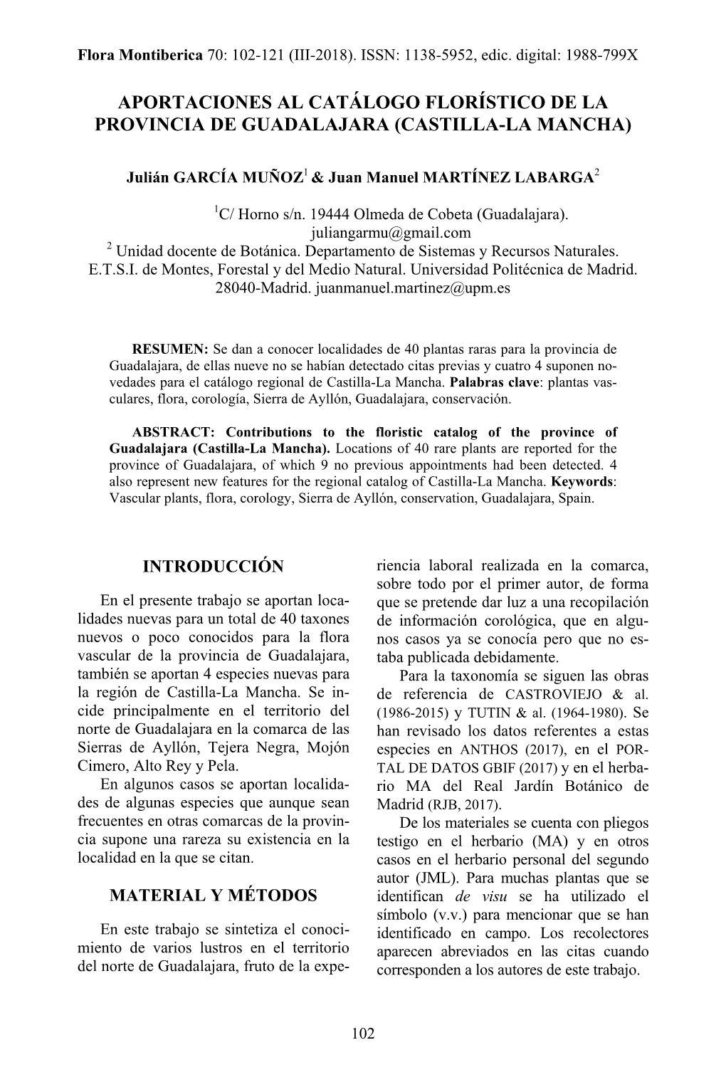 Aportaciones Al Catálogo Florístico De La Provincia De Guadalajara (Castilla-La Mancha)