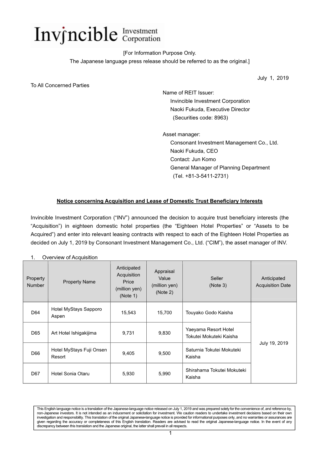 July 1, 2019 to All Concerned Parties Name of REIT Issuer: Invincible Investment Corporation Naoki Fukuda, Executive Director (Securities Code: 8963)