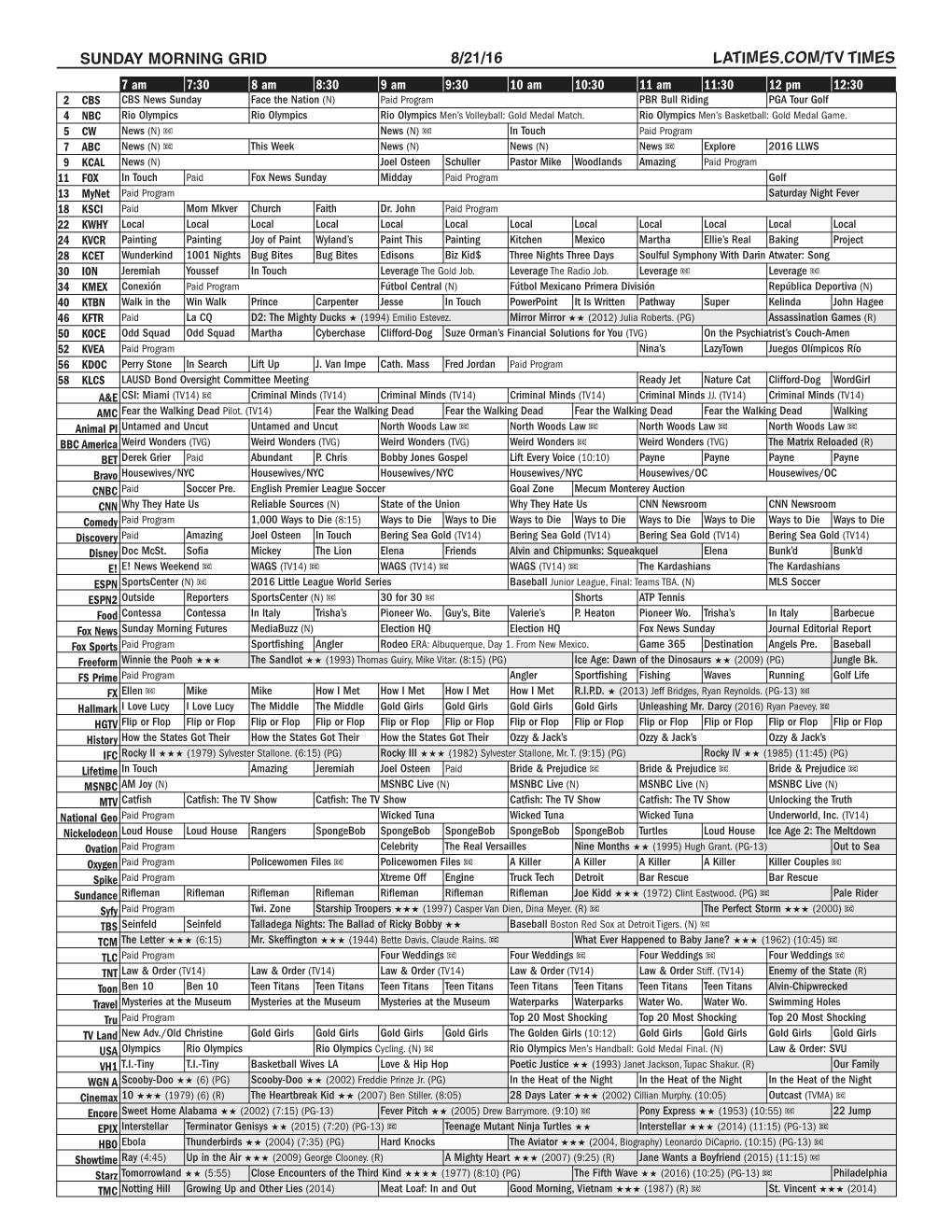 Sunday Morning Grid 8/21/16 Latimes.Com/Tv Times