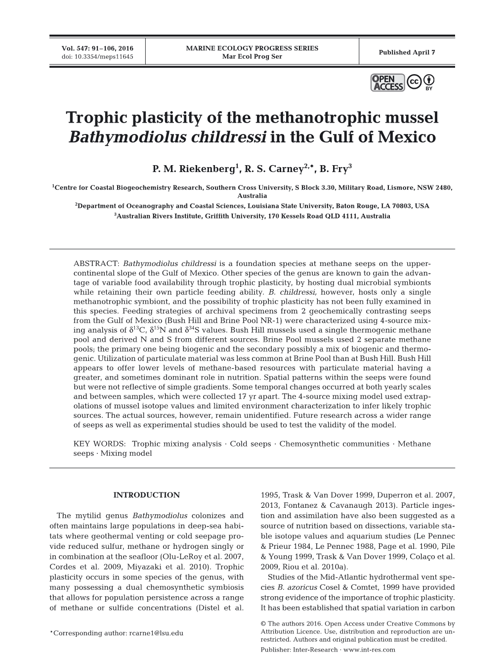 Trophic Plasticity of the Methanotrophic Mussel Bathymodiolus Childressi in the Gulf of Mexico