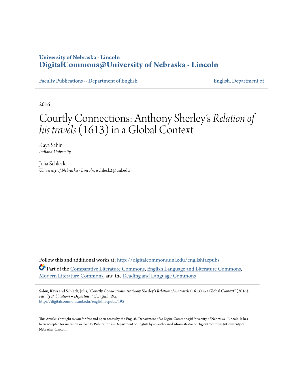 Courtly Connections: Anthony Sherley’S Relation of His Travels (1613) in a Global Context Kaya Sahin Indiana University