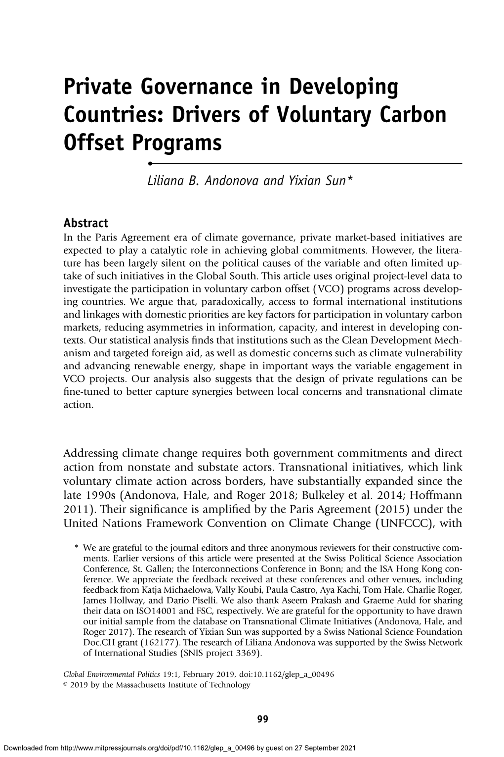 Private Governance in Developing Countries: Drivers of Voluntary Carbon Offset Programs • Liliana B