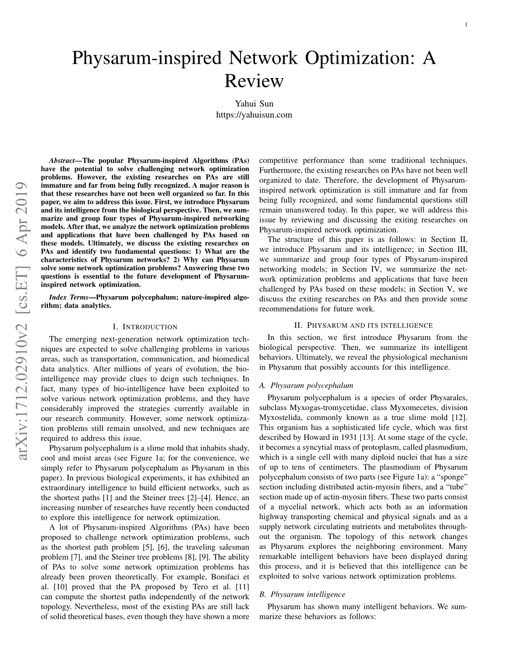 Physarum-Inspired Network Optimization: a Review Yahui Sun