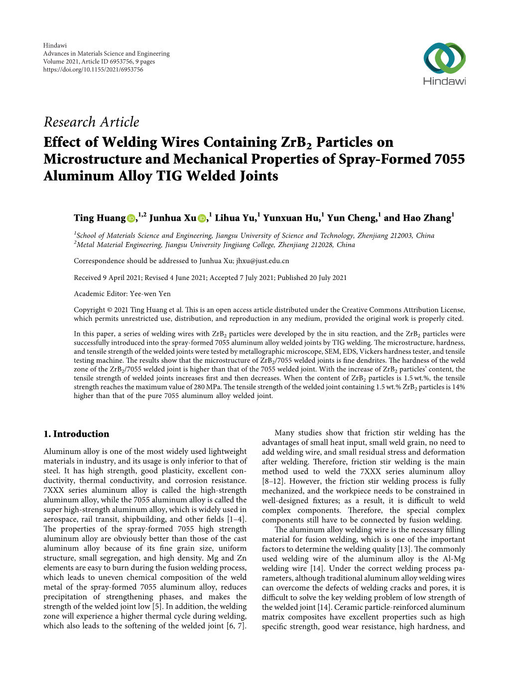 Effect of Welding Wires Containing Zrb2 Particles on Microstructure and Mechanical Properties of Spray-Formed 7055 Aluminum Alloy TIG Welded Joints