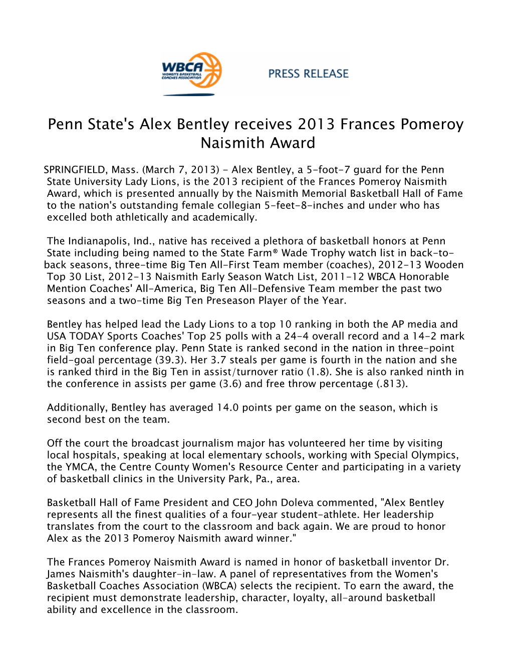 Penn State's Alex Bentley Receives 2013 Frances Pomeroy Naismith Award