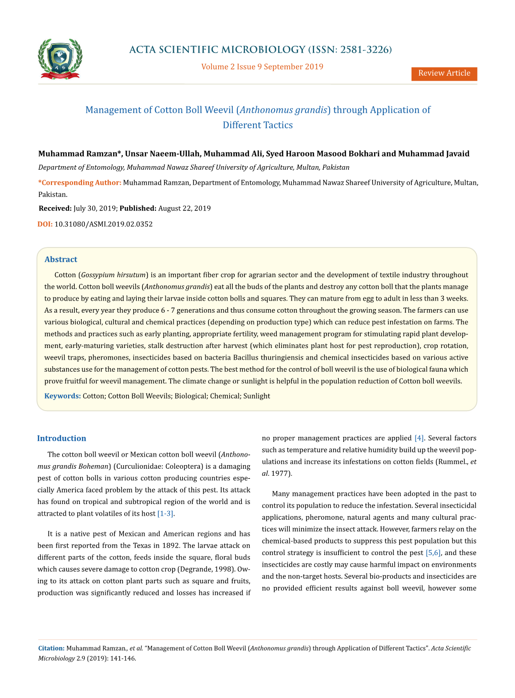 Management of Cotton Boll Weevil (Anthonomus Grandis) Through Application of Different Tactics