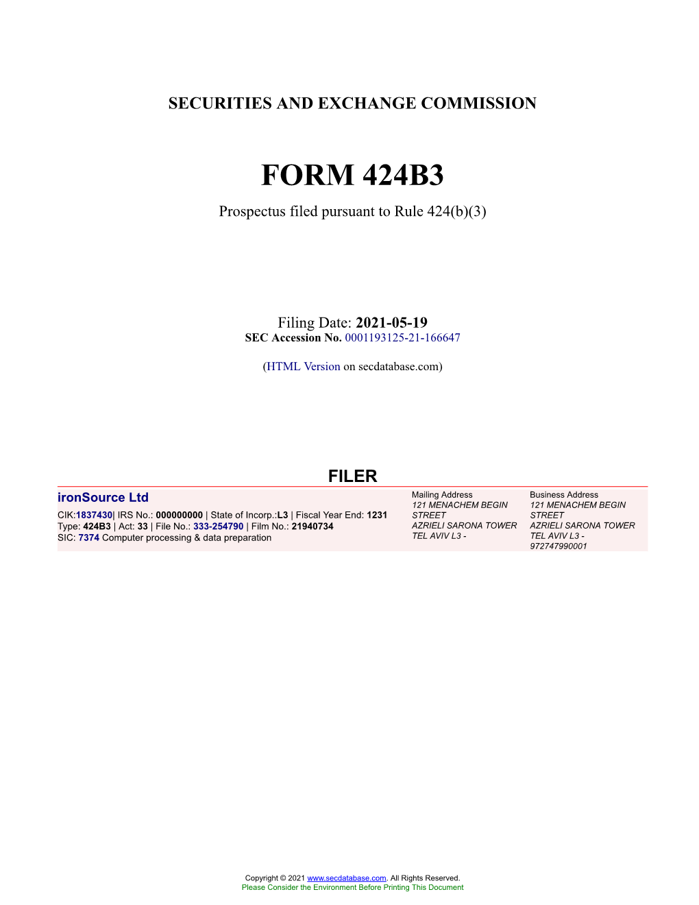 Ironsource Ltd Form 424B3 Filed 2021-05-19