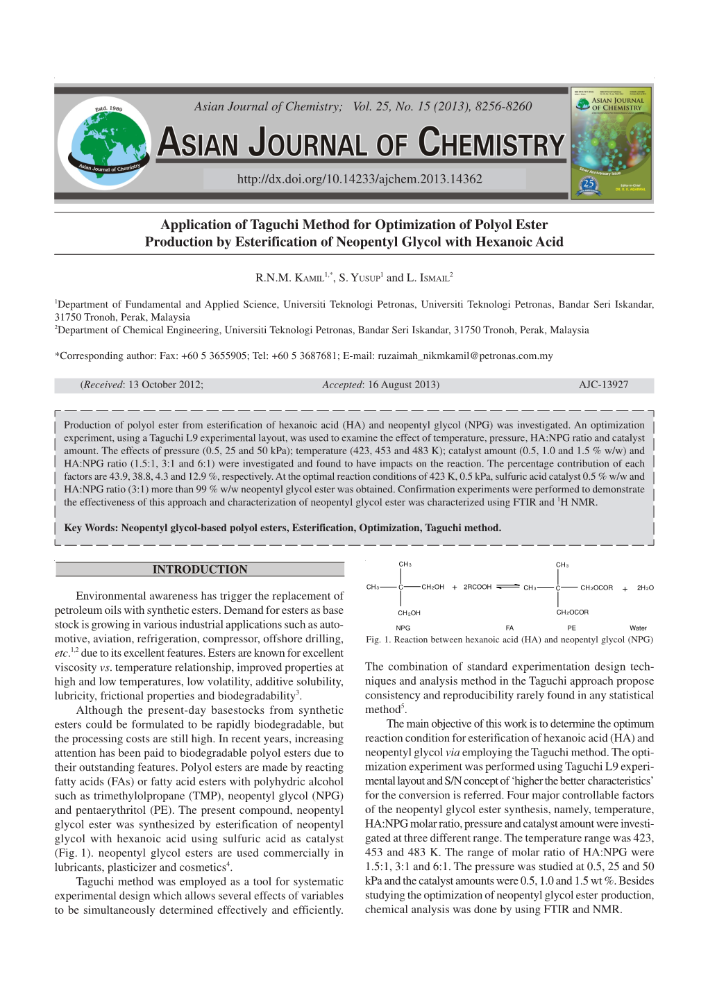 Application of Taguchi Method for Optimization of Polyol Ester Production by Esterification of Neopentyl Glycol with Hexanoic Acid