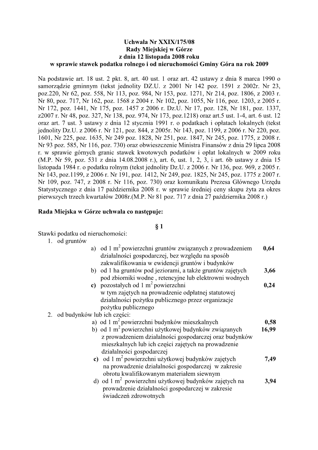 Uchwała Nr XXIX-175-08 Stawki Podatku Rolnego I Od Nieruchomości