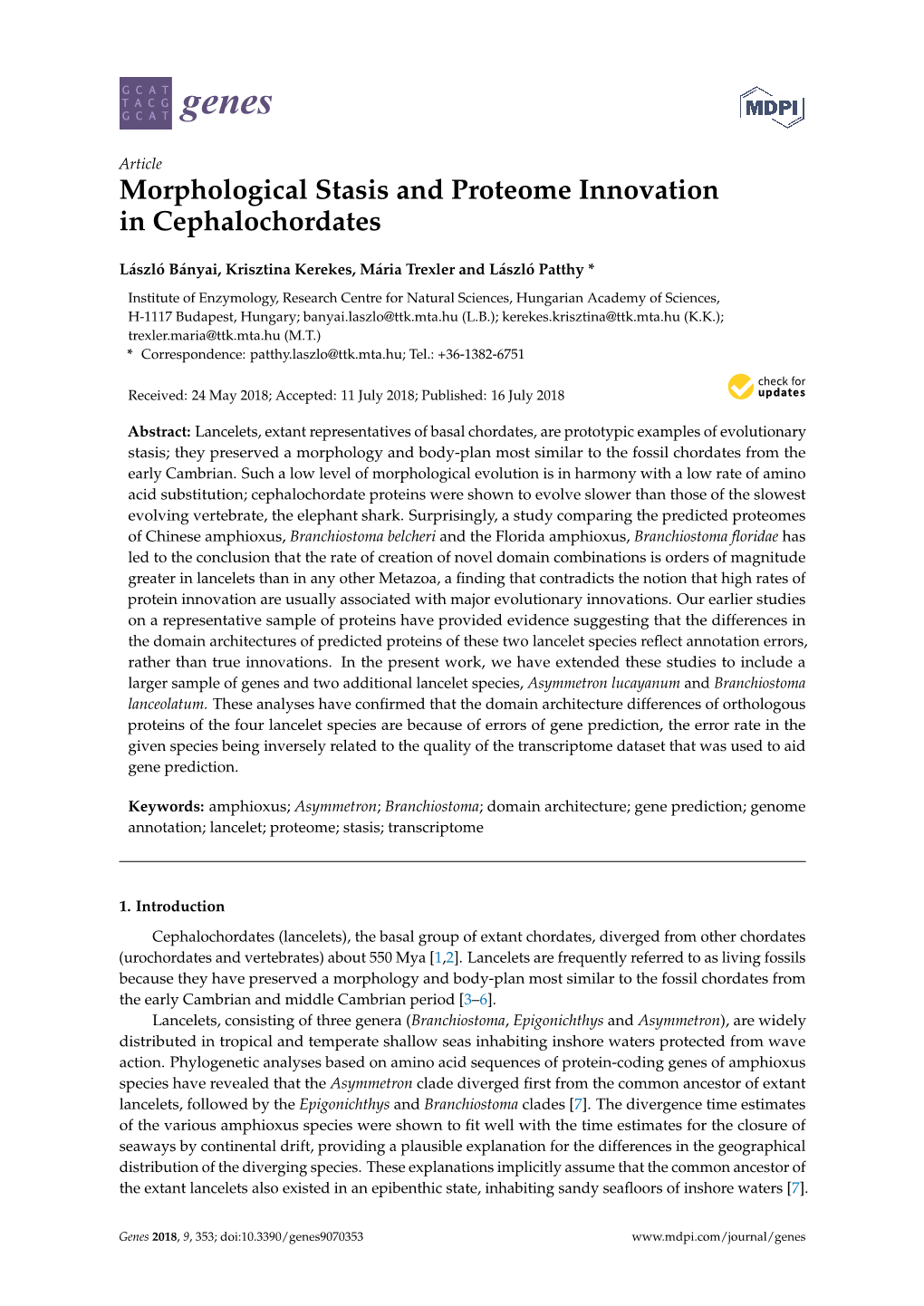 Morphological Stasis and Proteome Innovation in Cephalochordates