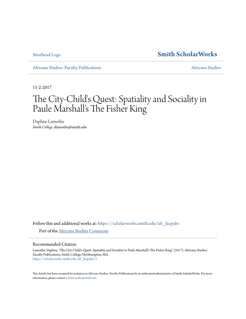 Spatiality and Sociality in Paule Marshall's the Fisher King