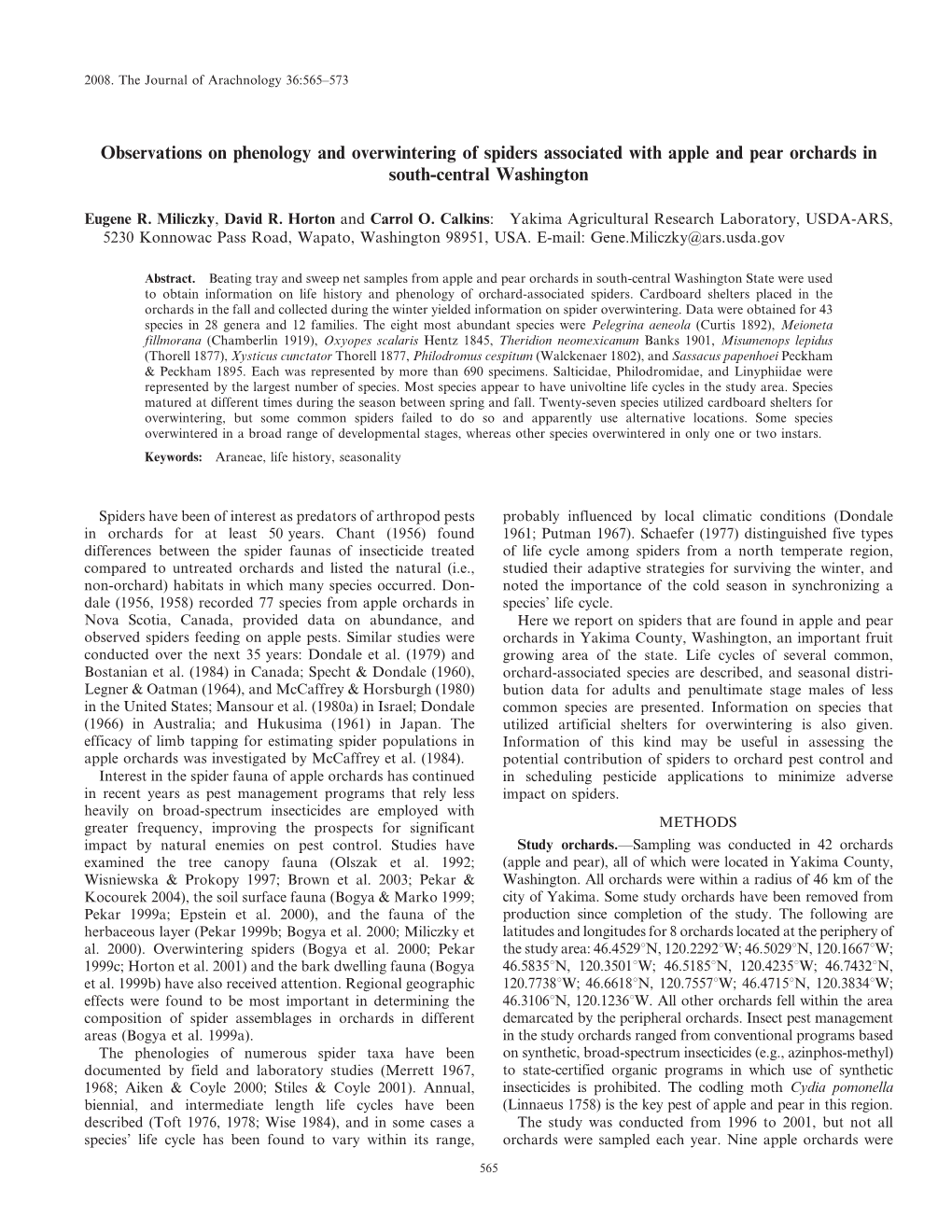 Observations on Phenology and Overwintering of Spiders Associated with Apple and Pear Orchards in South-Central Washington