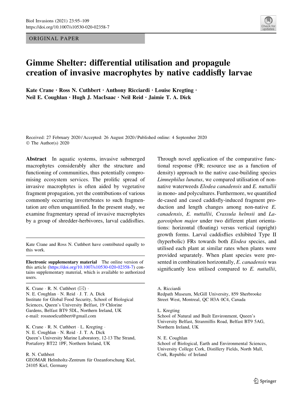 Differential Utilisation and Propagule Creation of Invasive Macrophytes by Native Caddisﬂy Larvae