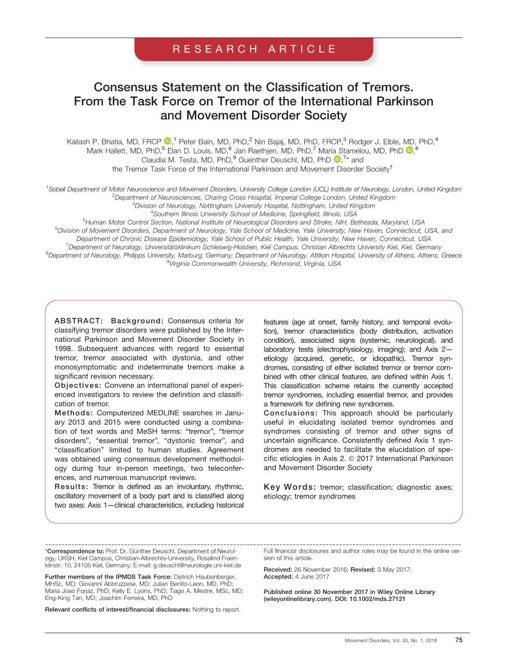 Consensus Statement on the Classification of Tremors. from the Task Force on Tremor of the International Parkinson and Movement