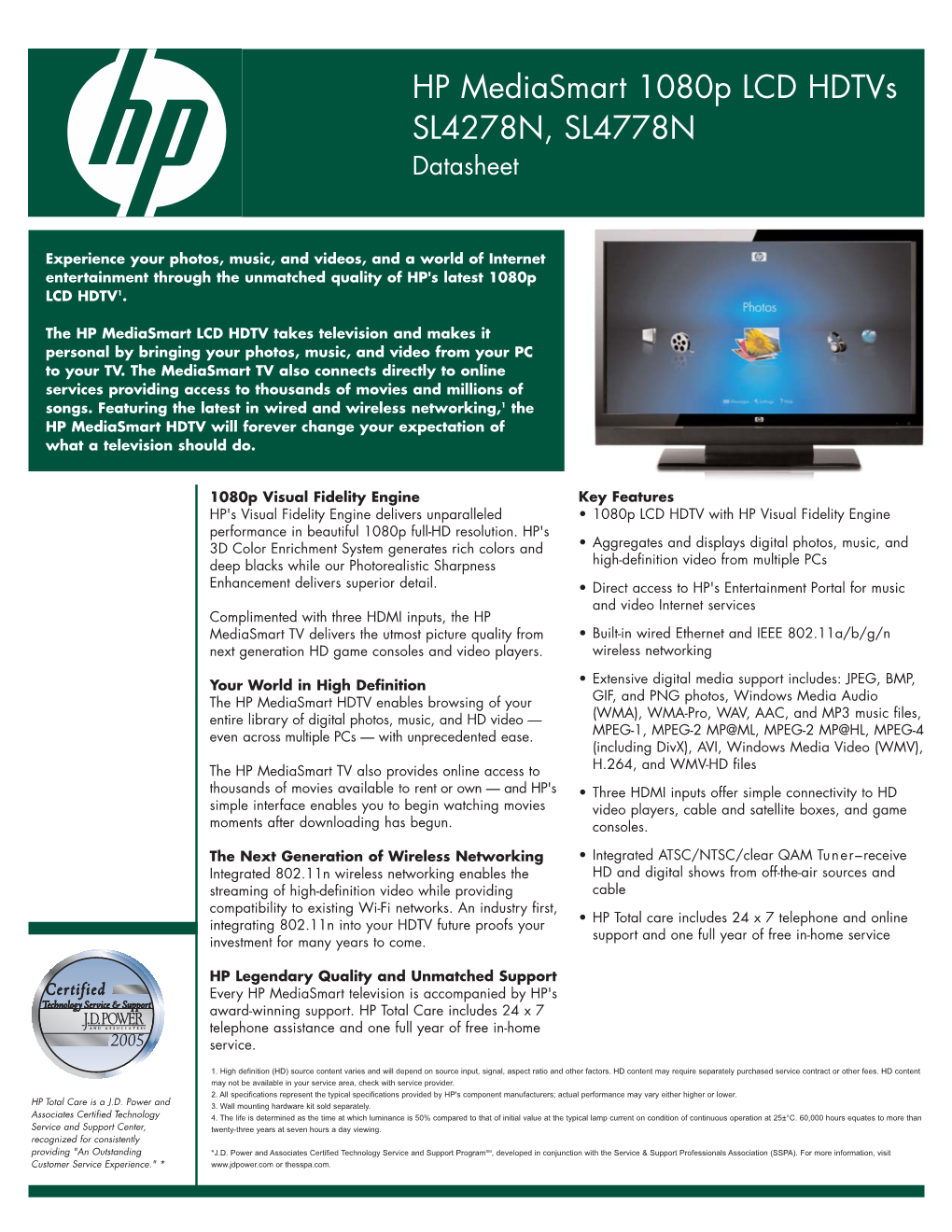 HP Mediasmart 1080P LCD Hdtvs SL4278N, SL4778N Datasheet