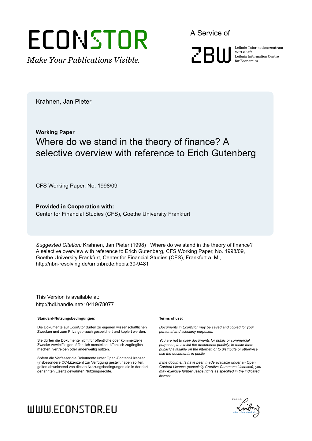 Where Do We Stand in the Theory of Finance? a Selective Overview with Reference to Erich Gutenberg