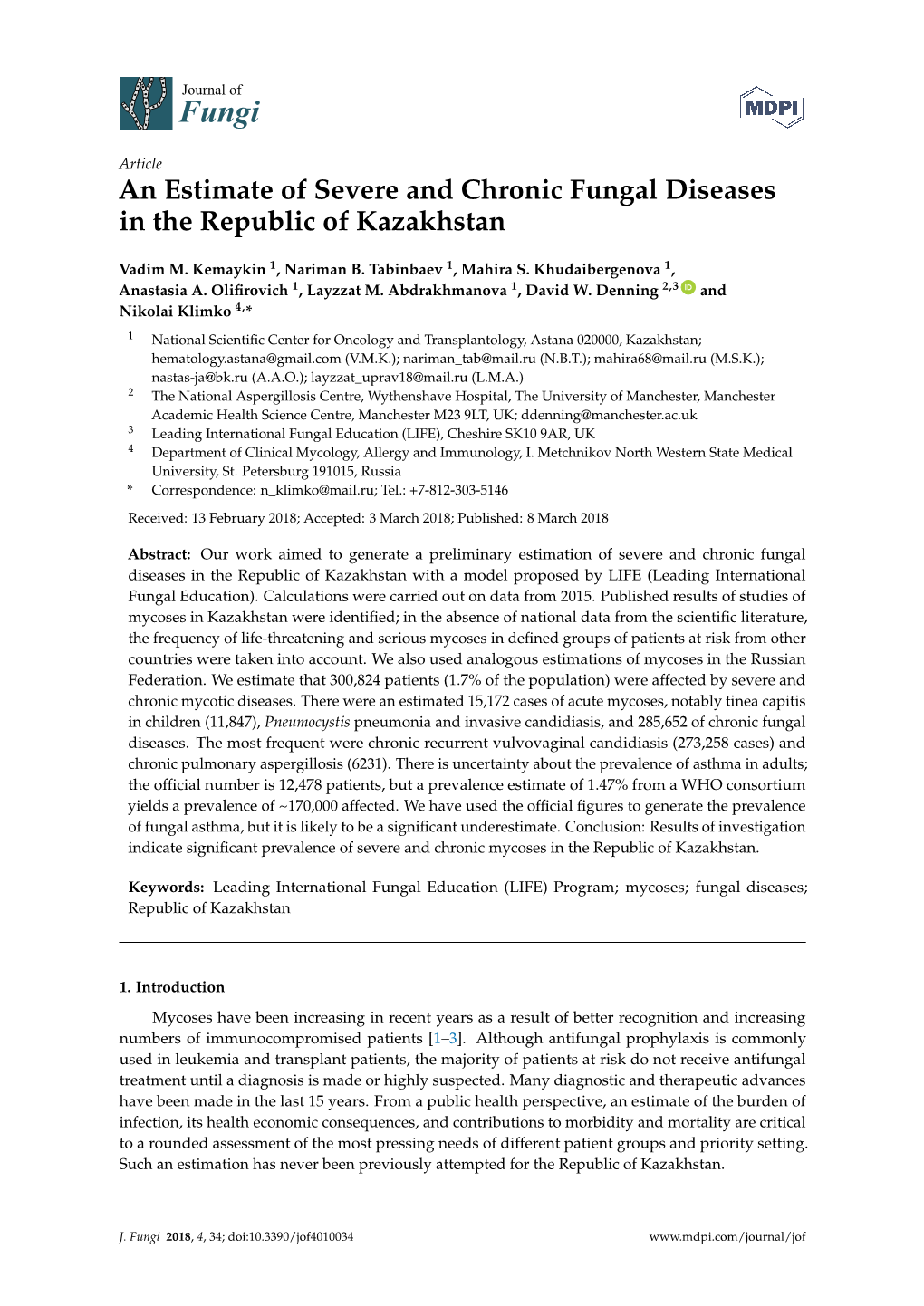 An Estimate of Severe and Chronic Fungal Diseases in the Republic of Kazakhstan