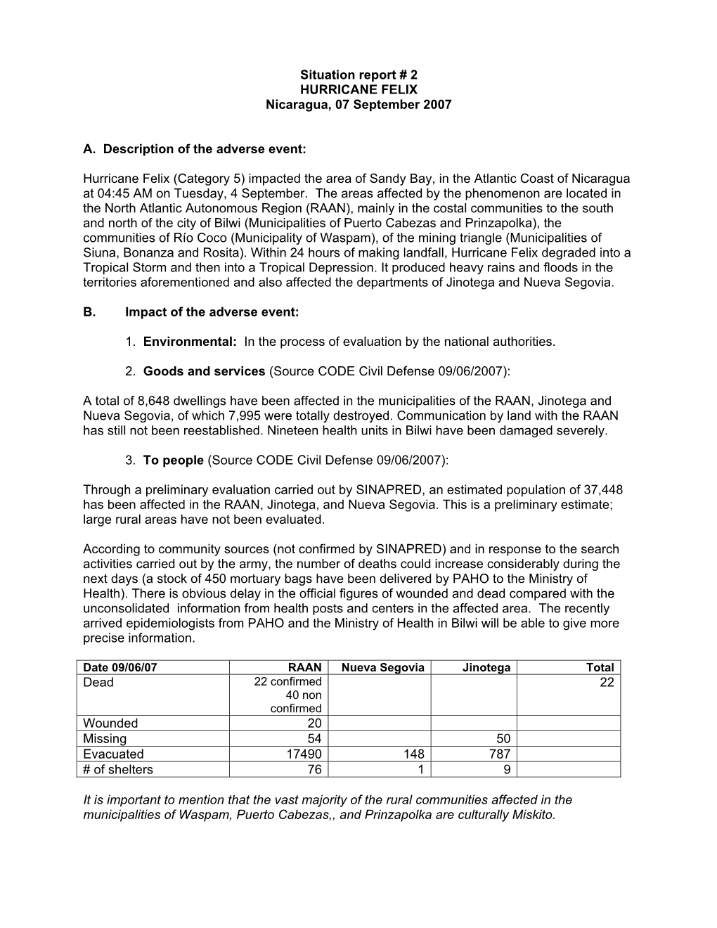 Situation Report # 2 HURRICANE FELIX Nicaragua, 07 September 2007