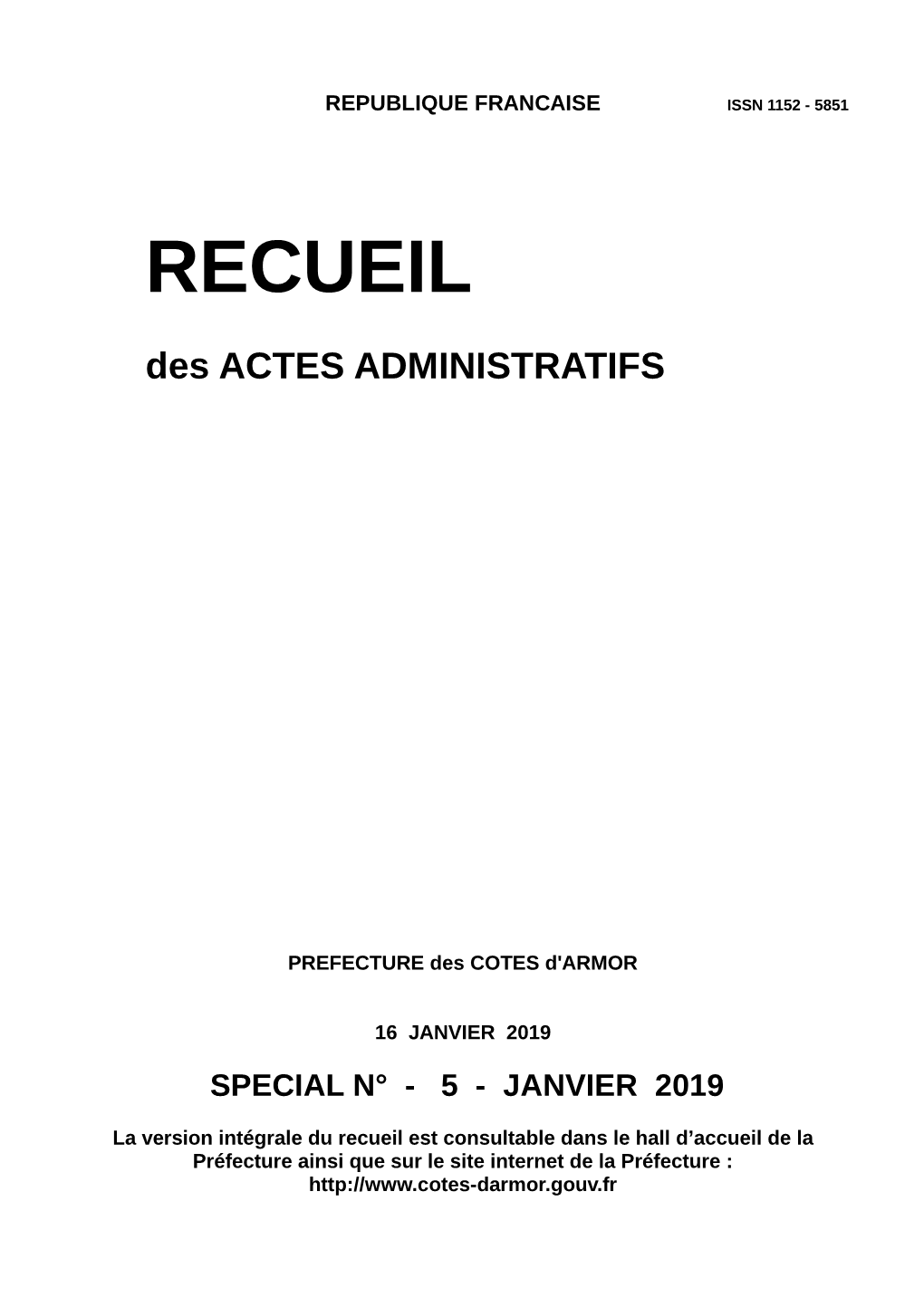 Recueil Spécial N° 5 Du 16 Janvier 2019