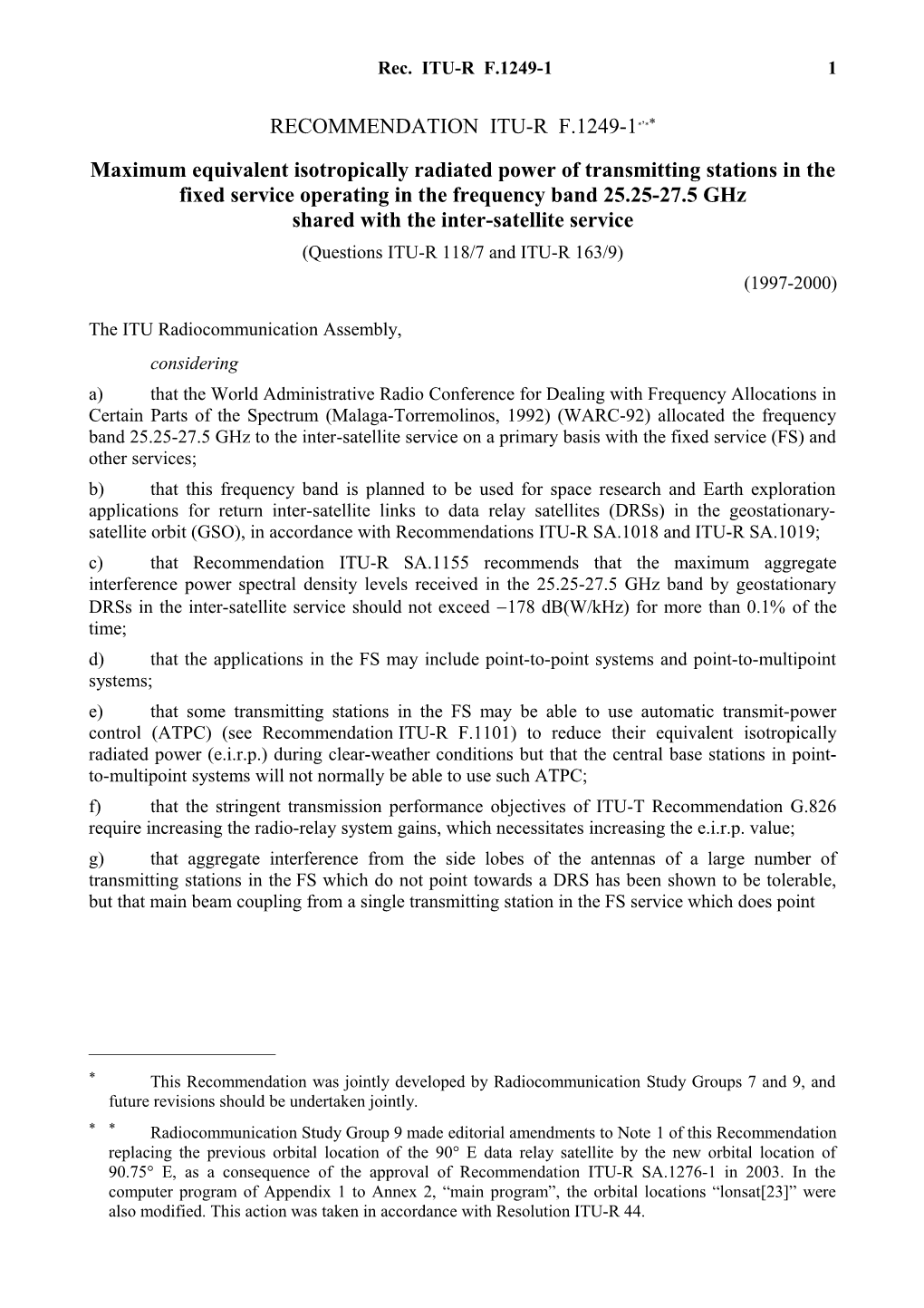 RECOMMENDATION ITU-R F.1249-1 - Maximum Equivalent Isotropically Radiated Power of Transmitting