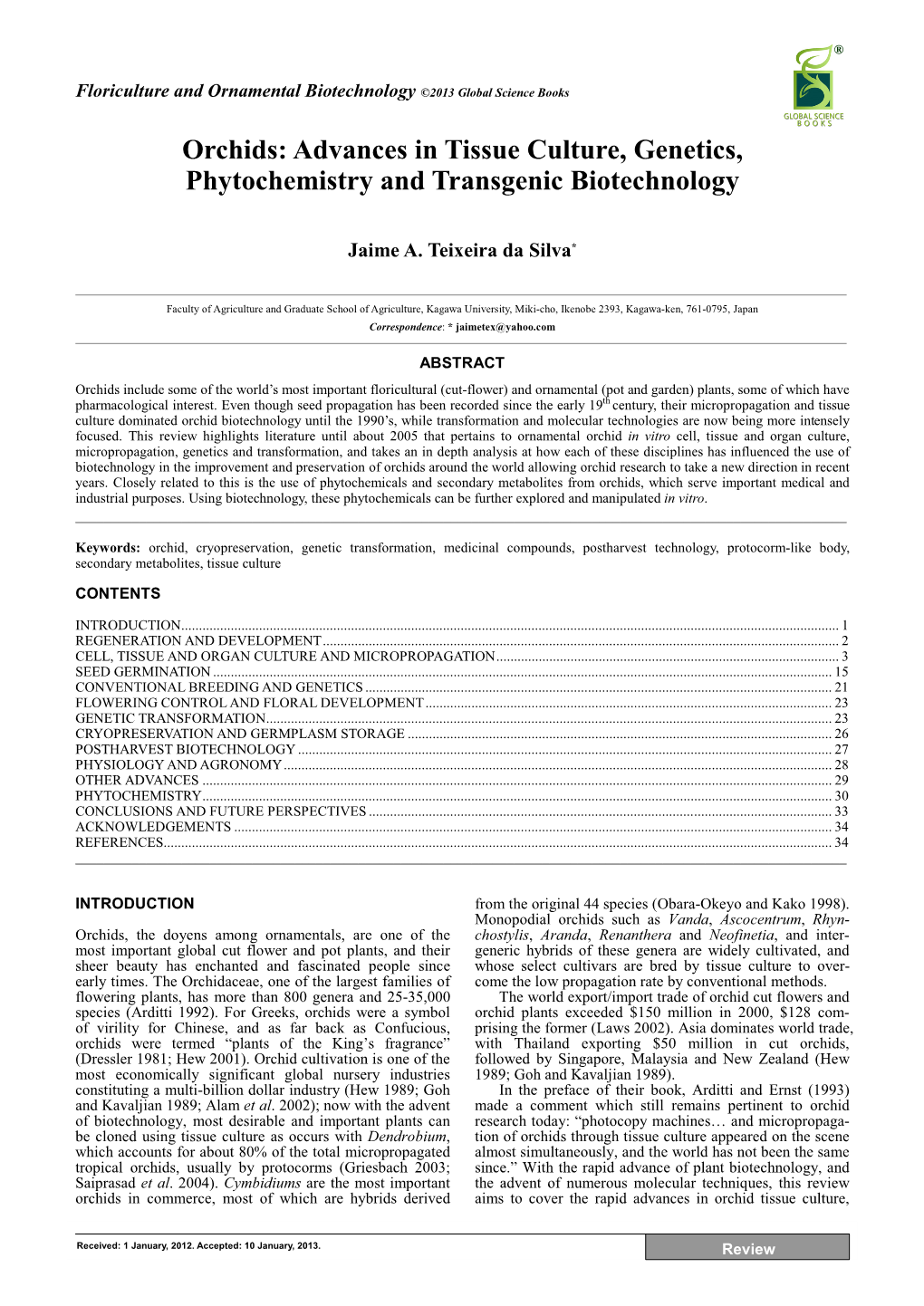 Orchids: Advances in Tissue Culture, Genetics, Phytochemistry and Transgenic Biotechnology