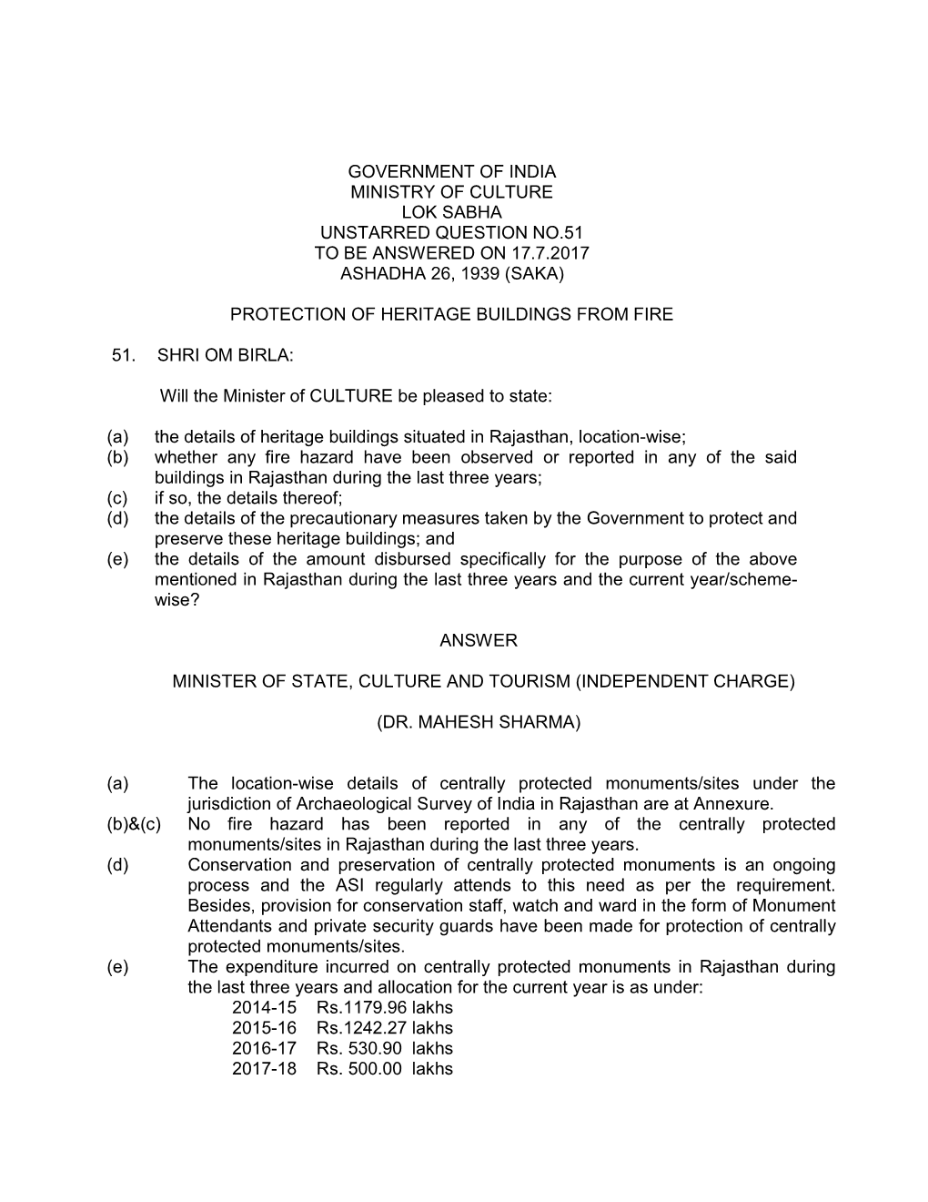 Government of India Ministry of Culture Lok Sabha Unstarred Question No.51 to Be Answered on 17.7.2017 Ashadha 26, 1939 (Saka)