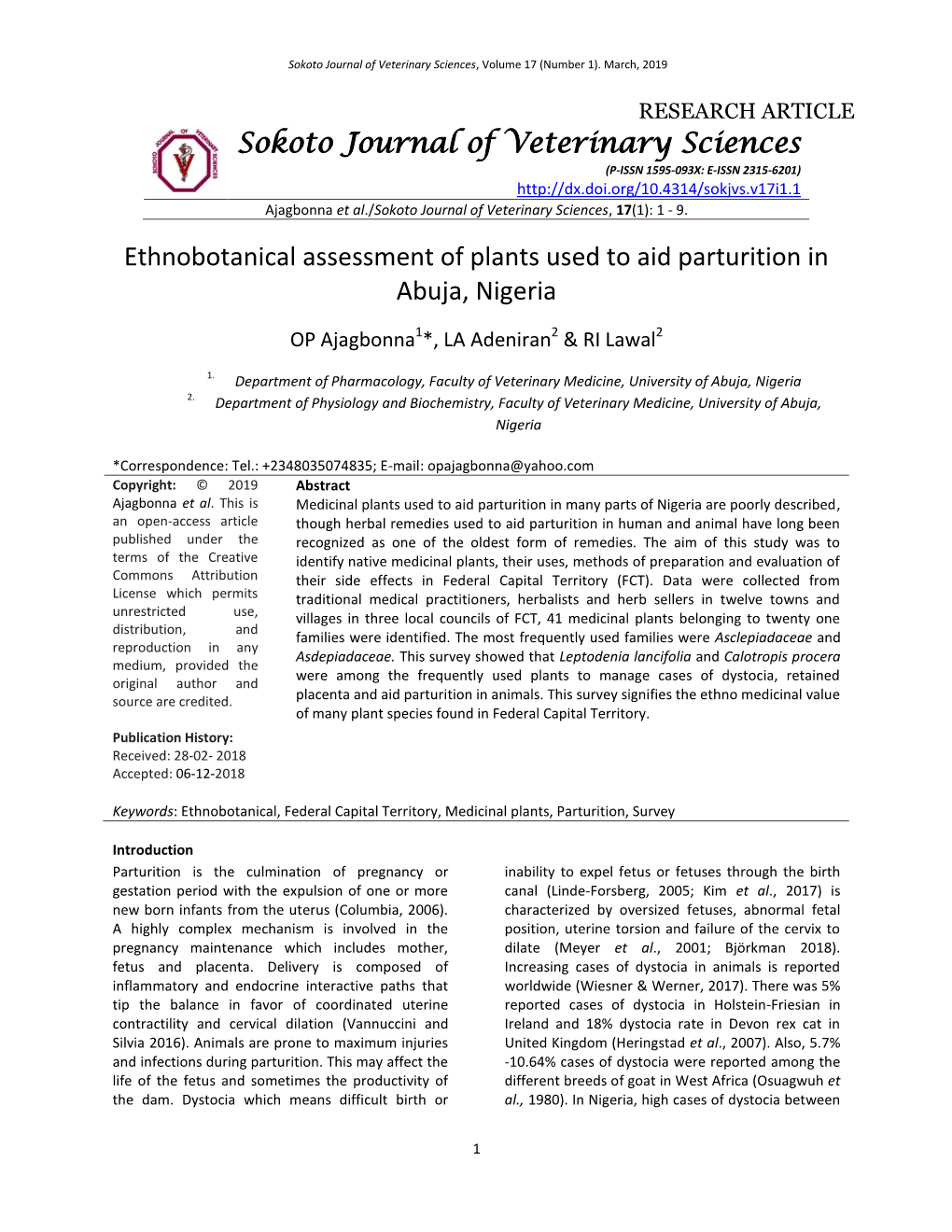 Sokoto Journal of Veterinary Sciences Ethnobotanical Assessment of Plants Used to Aid Parturition in Abuja, Nigeria