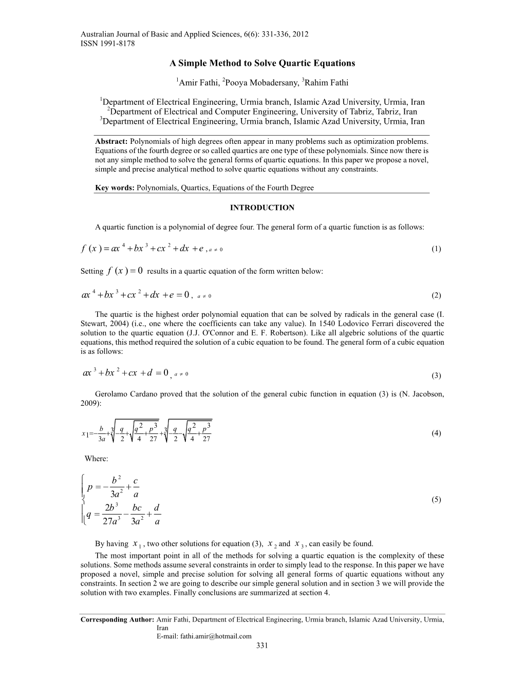 A Simple Method to Solve Quartic Equations