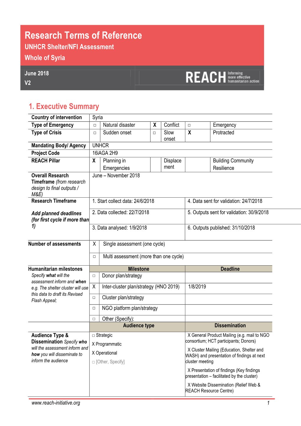 Research Terms of Reference UNHCR Shelter/NFI Assessment Whole of Syria