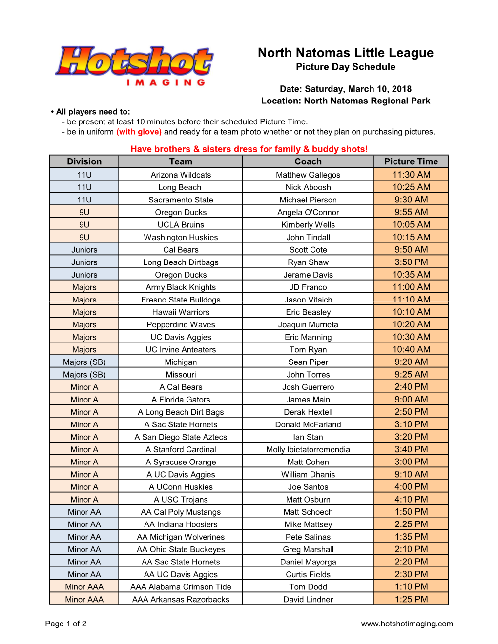 North Natomas Little League Picture Day Schedule