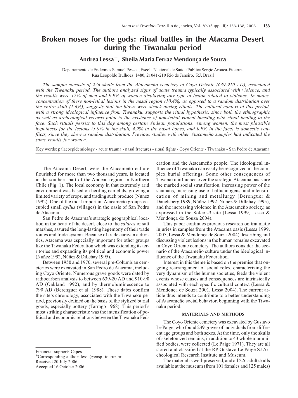 Ritual Battles in the Atacama Desert During the Tiwanaku Period Andrea Lessa+, Sheila Maria Ferraz Mendonça De Souza