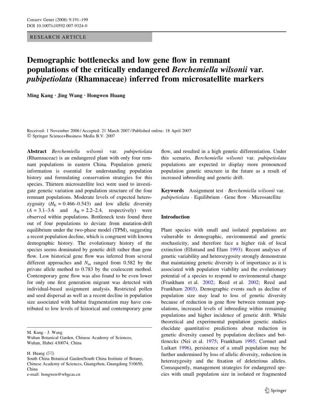 Demographic Bottlenecks and Low Gene Flow in Remnant Populations of the Critically Endangered Berchemiella Wilsonii Var. Pubipet