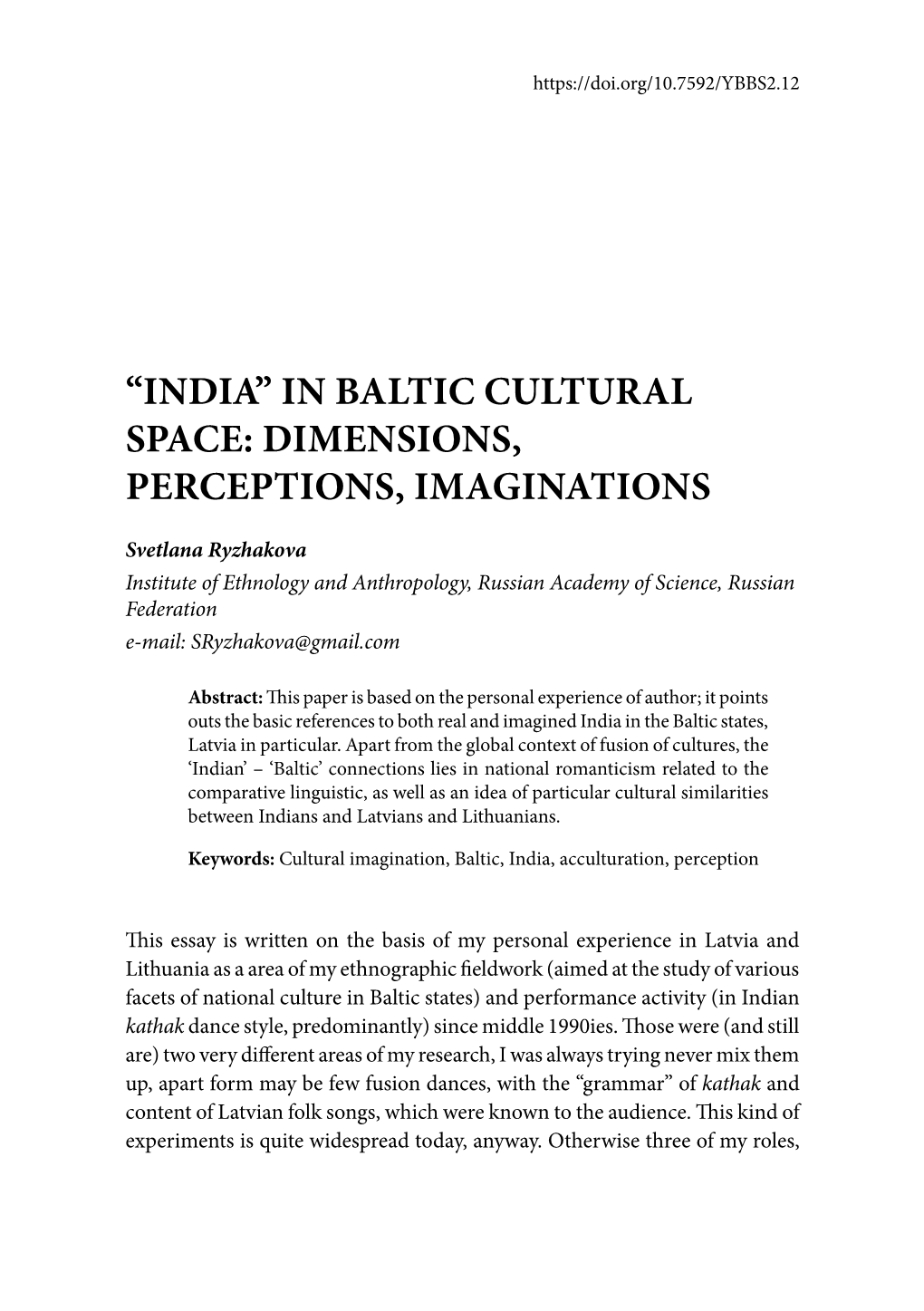 “India” in Baltic Cultural Space: Dimensions, Perceptions, Imaginations