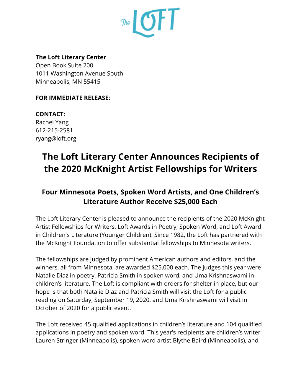 The Loft Literary Center Announces Recipients of the 2020 Mcknight Artist Fellowships for Writers