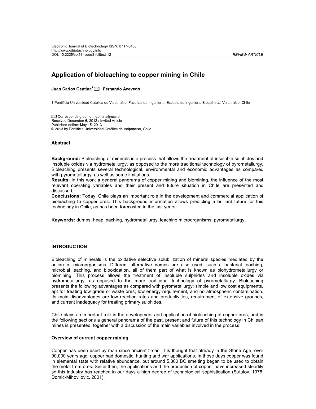 Application of Bioleaching to Copper Mining in Chile