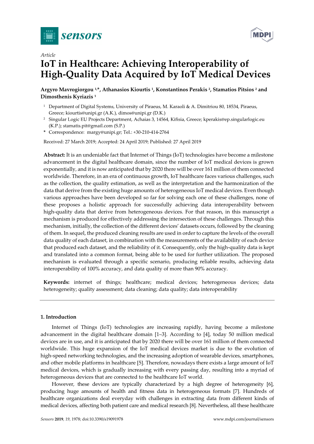 Iot in Healthcare: Achieving Interoperability of High-Quality Data Acquired by Iot Medical Devices