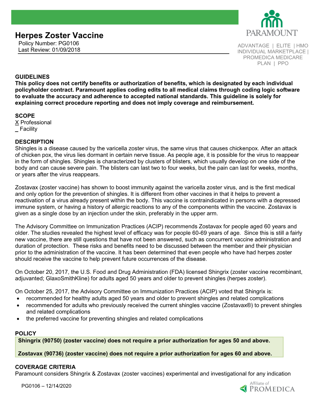 PG0106 Herpes Zoster Vaccine