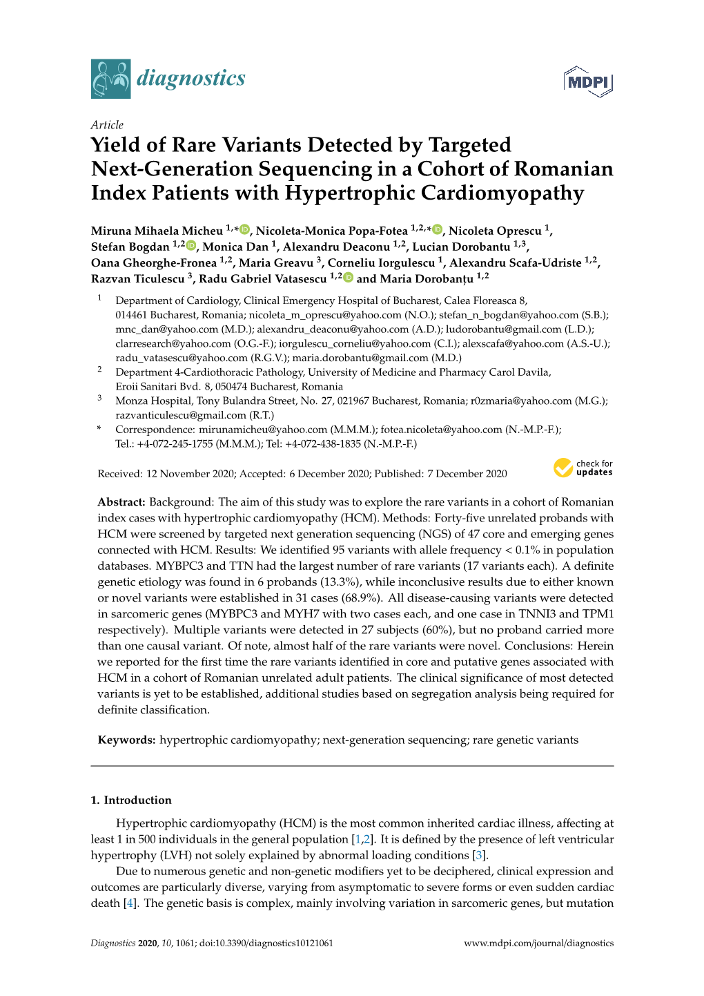 Yield of Rare Variants Detected by Targeted Next-Generation Sequencing in a Cohort of Romanian Index Patients with Hypertrophic Cardiomyopathy