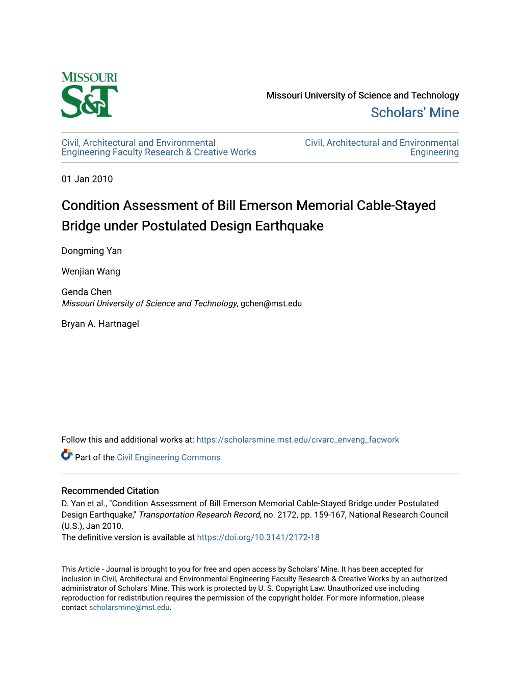 Condition Assessment of Bill Emerson Memorial Cable-Stayed Bridge Under Postulated Design Earthquake
