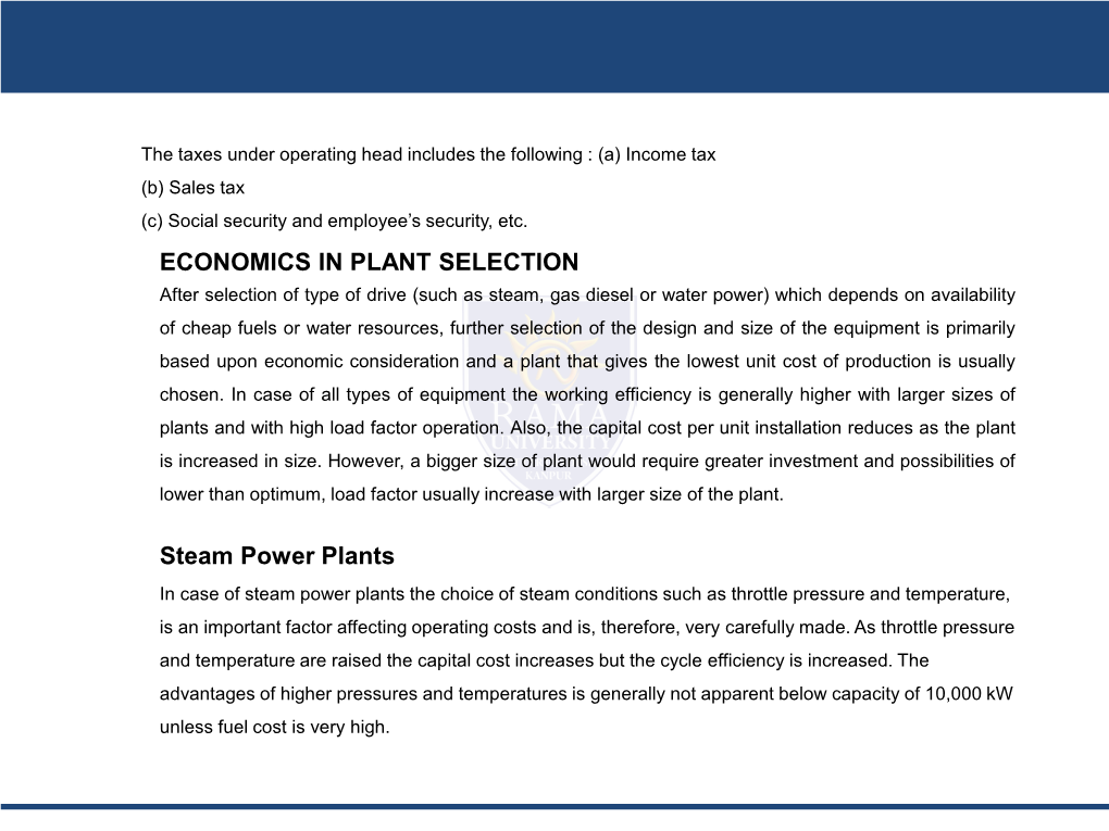 ECONOMICS in PLANT SELECTION Steam Power Plants