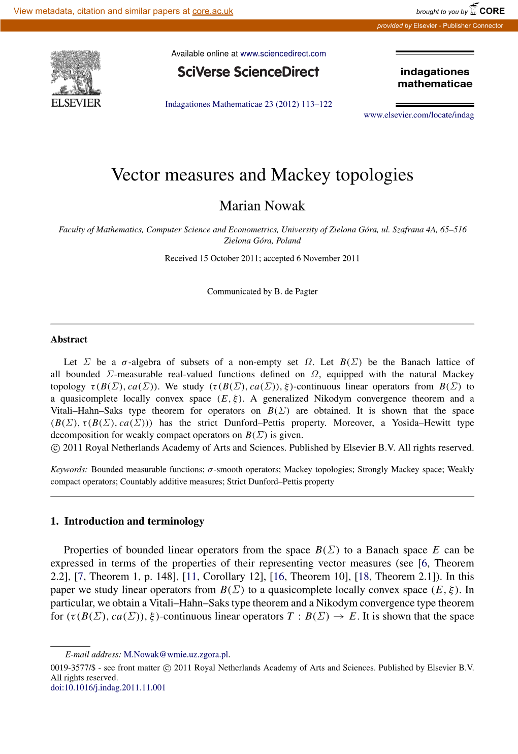 Vector Measures and Mackey Topologies