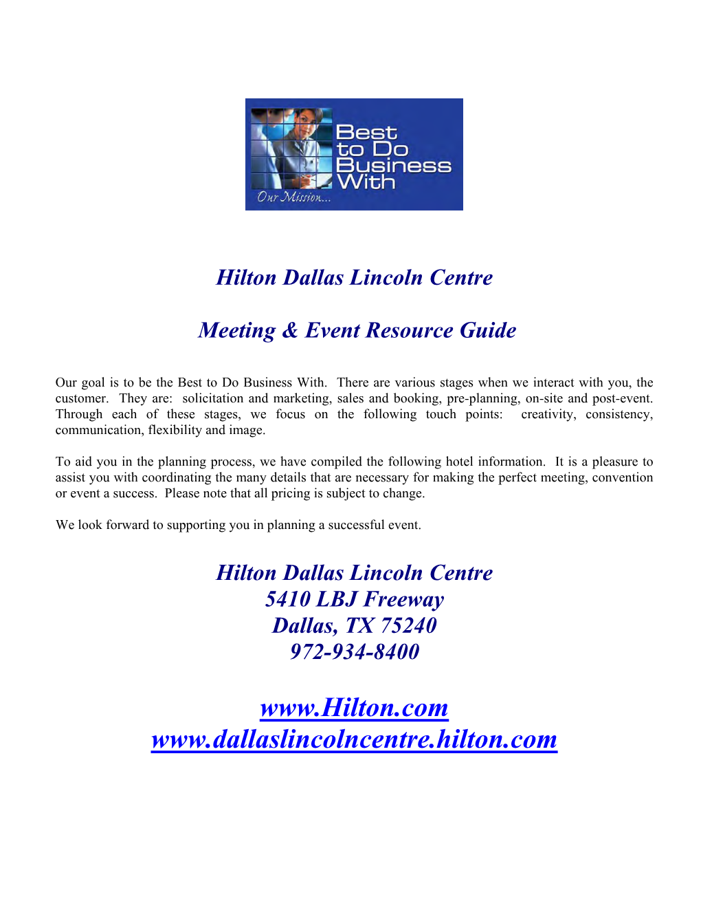 Hilton Dallas Lincoln Centre Meeting & Event Resource Guide