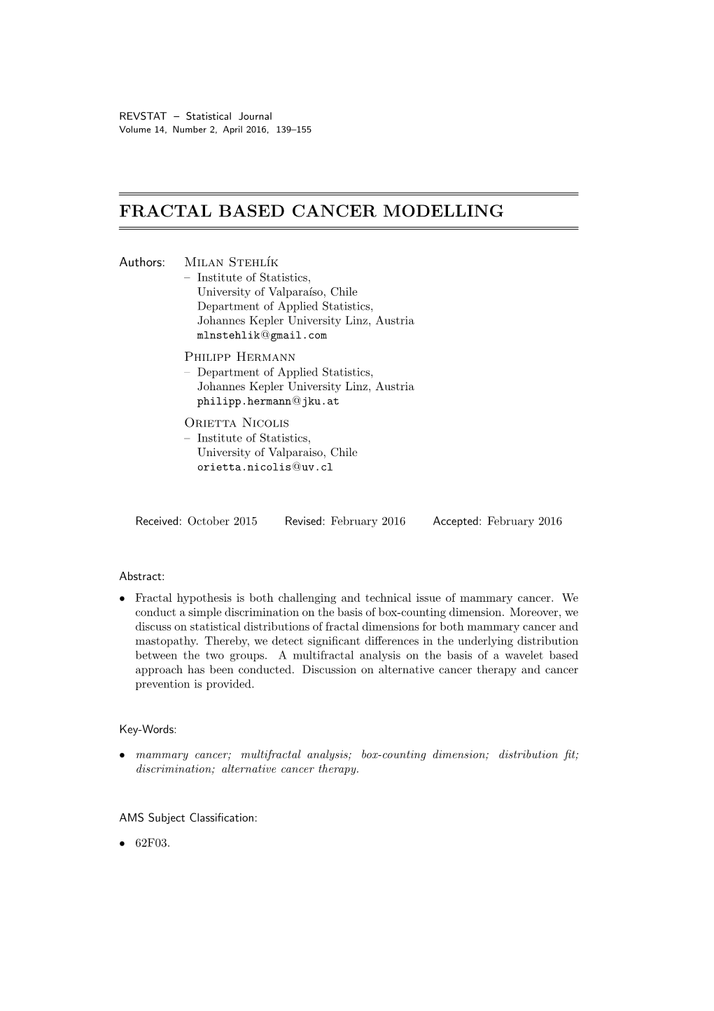 Fractal Based Cancer Modelling