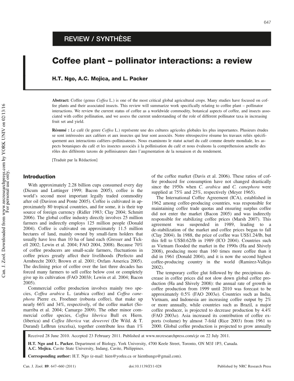 Coffee Plant – Pollinator Interactions: a Review