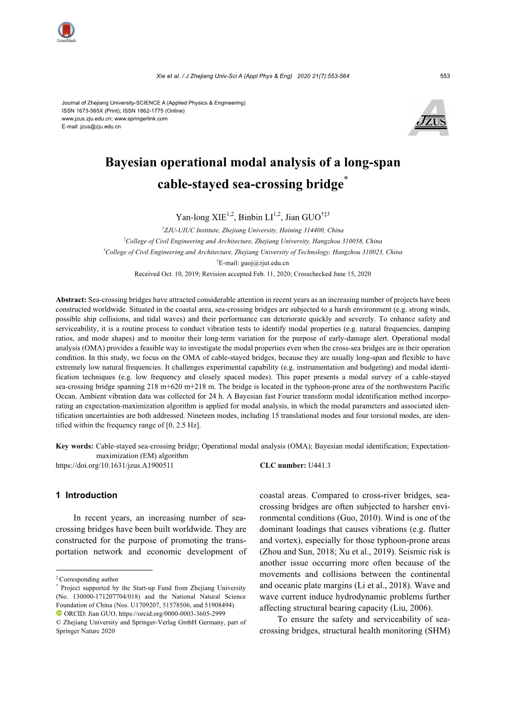 Bayesian Operational Modal Analysis of a Long-Span Cable-Stayed Sea-Crossing Bridge*