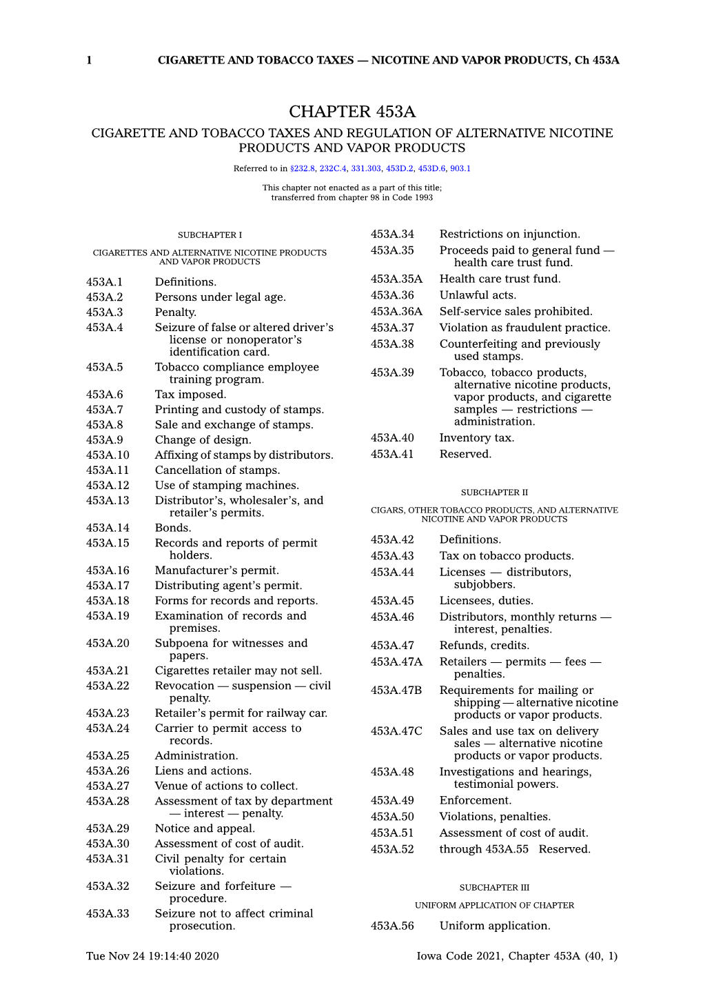 Chapter 453A Cigarette and Tobacco Taxes and Regulation of Alternative Nicotine Products and Vapor Products